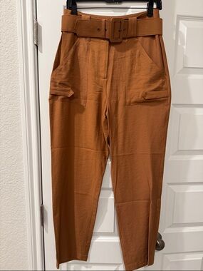 High-Waist Belted Paperbag Trousers — Rust